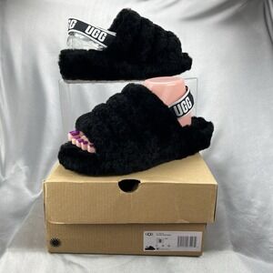 UGG Women's 8 Fluff Yeah Slide Slipper Sandal Black 1095119 + Box Cozy Bday Gift